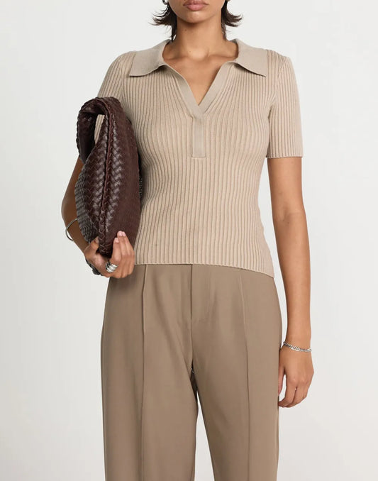 Cropped Ribbed Lapel Slim T-Shirt