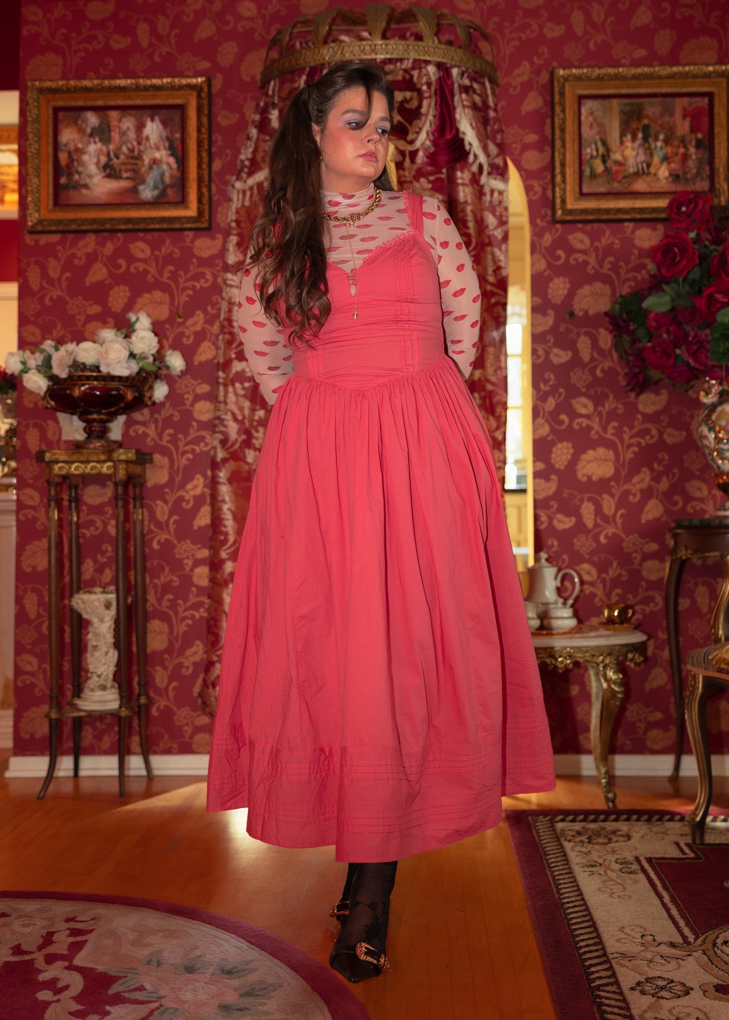 Lottie Basque Waist Midi Dress - Coral