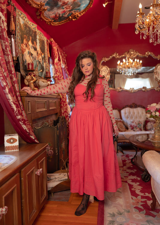 Lottie Basque Waist Midi Dress - Coral