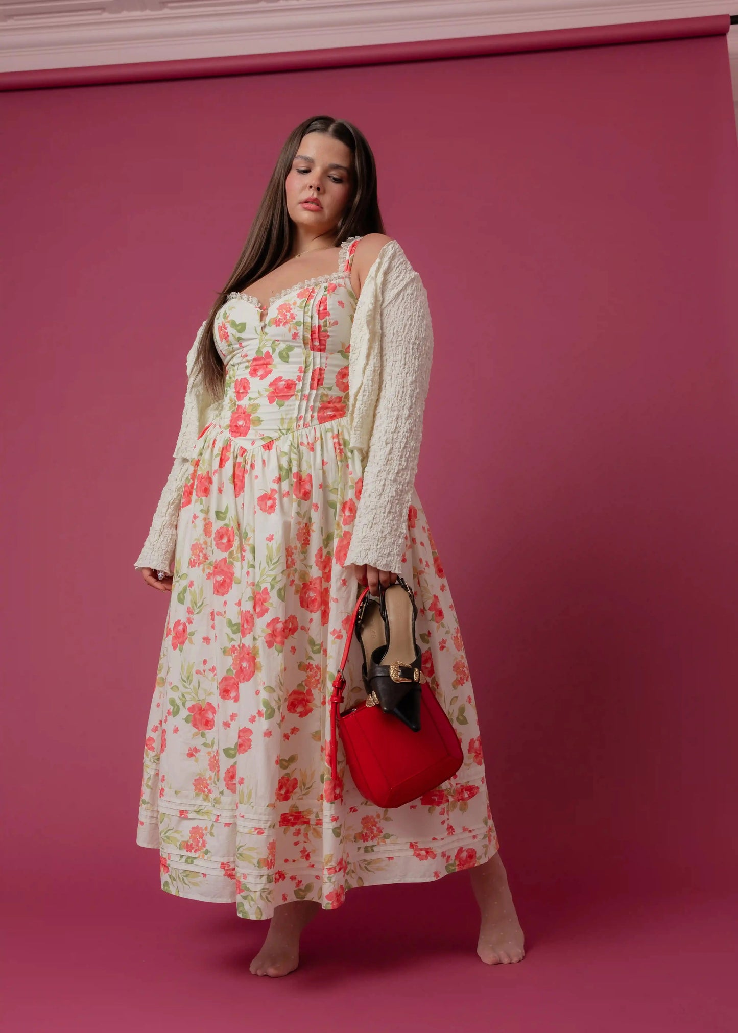 Lottie Basque Waist Floral Midi Dress - White