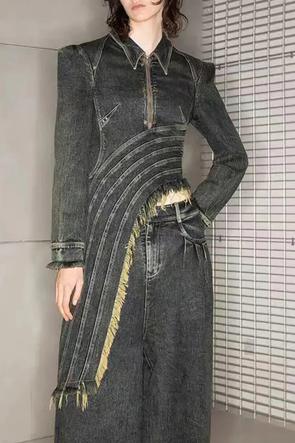 Asymmetric Drape Lapel Collar Long Sleeve Half Zip Fringe Denim Jacket