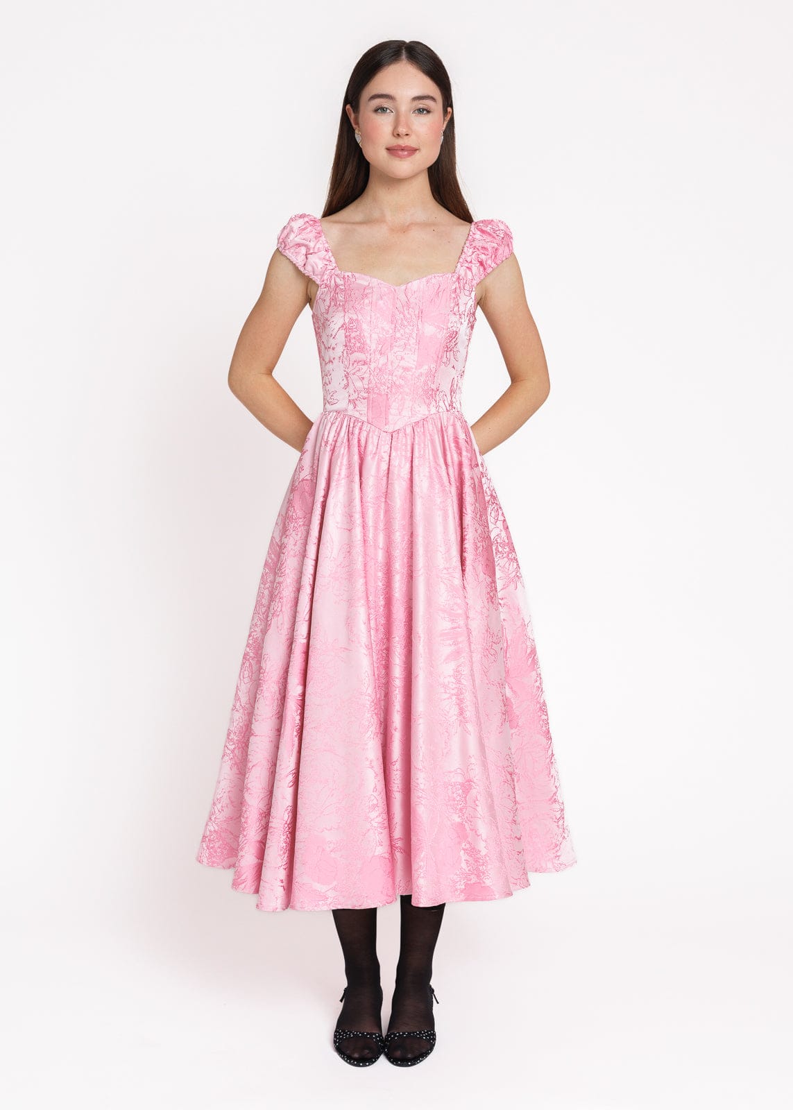 Carolyn A-Line Basque Waist Midi Dress - Pink