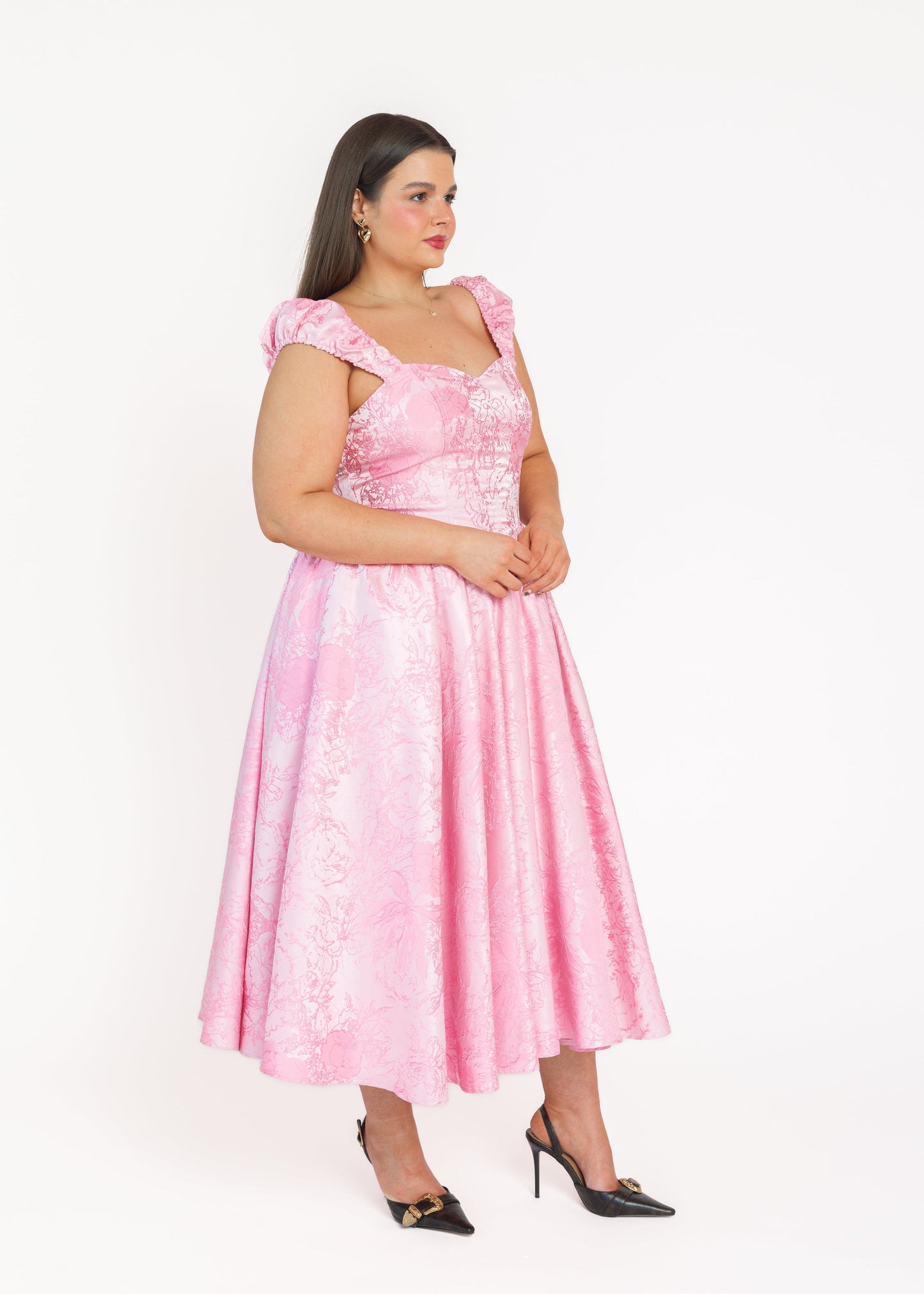 Carolyn A-Line Basque Waist Midi Dress - Pink