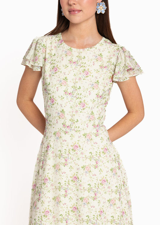 Elodie A-line Floral Midi Dress - Cream