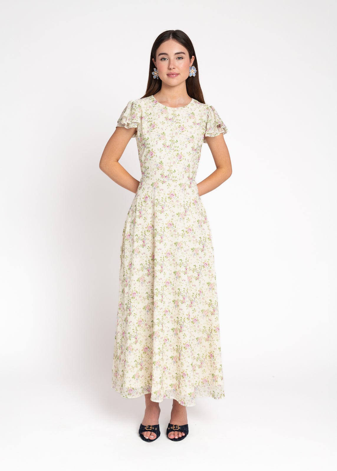 Elodie A-line Floral Midi Dress - Cream