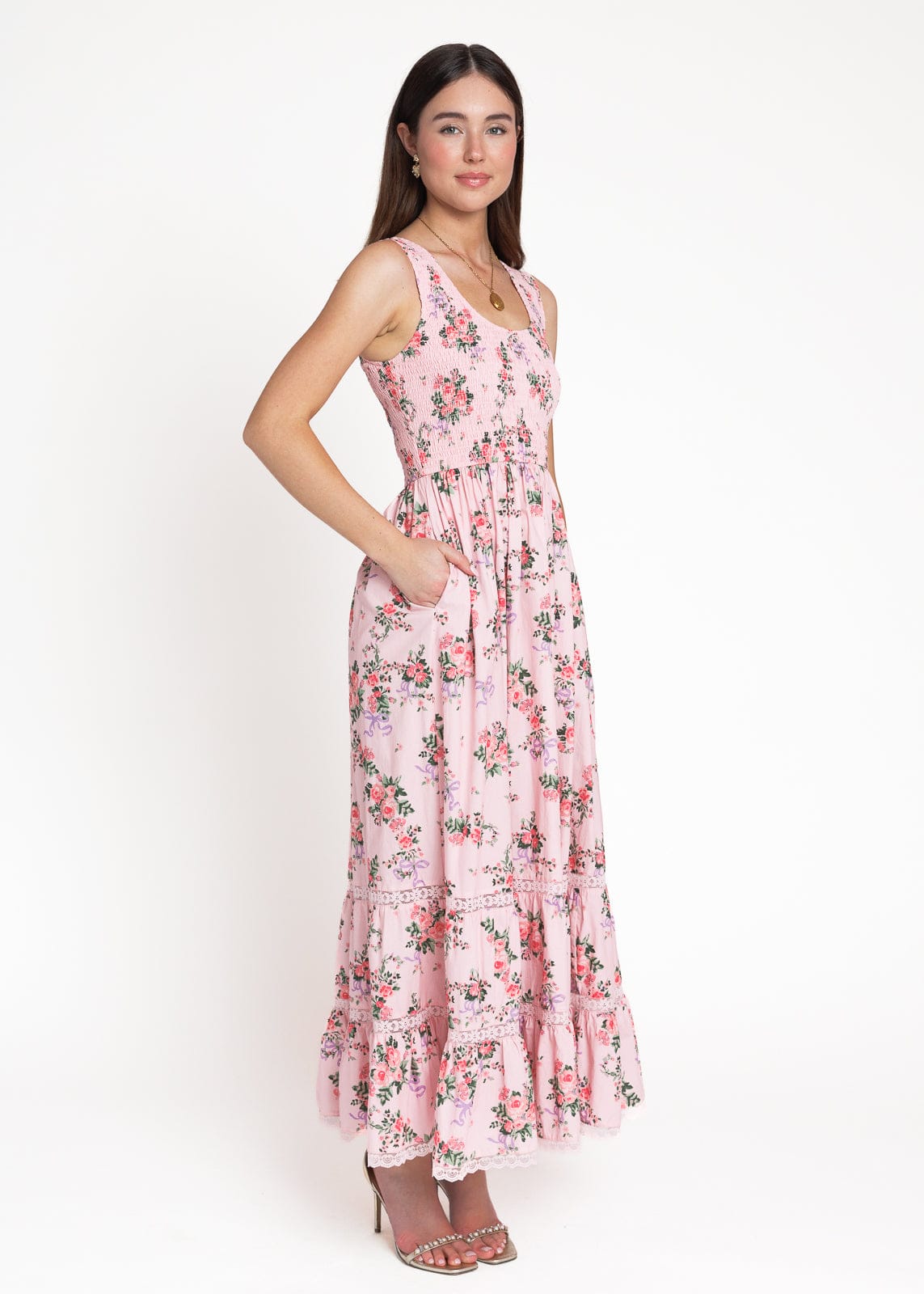 Juliette Floral Bow Print Maxi Dress - Pink