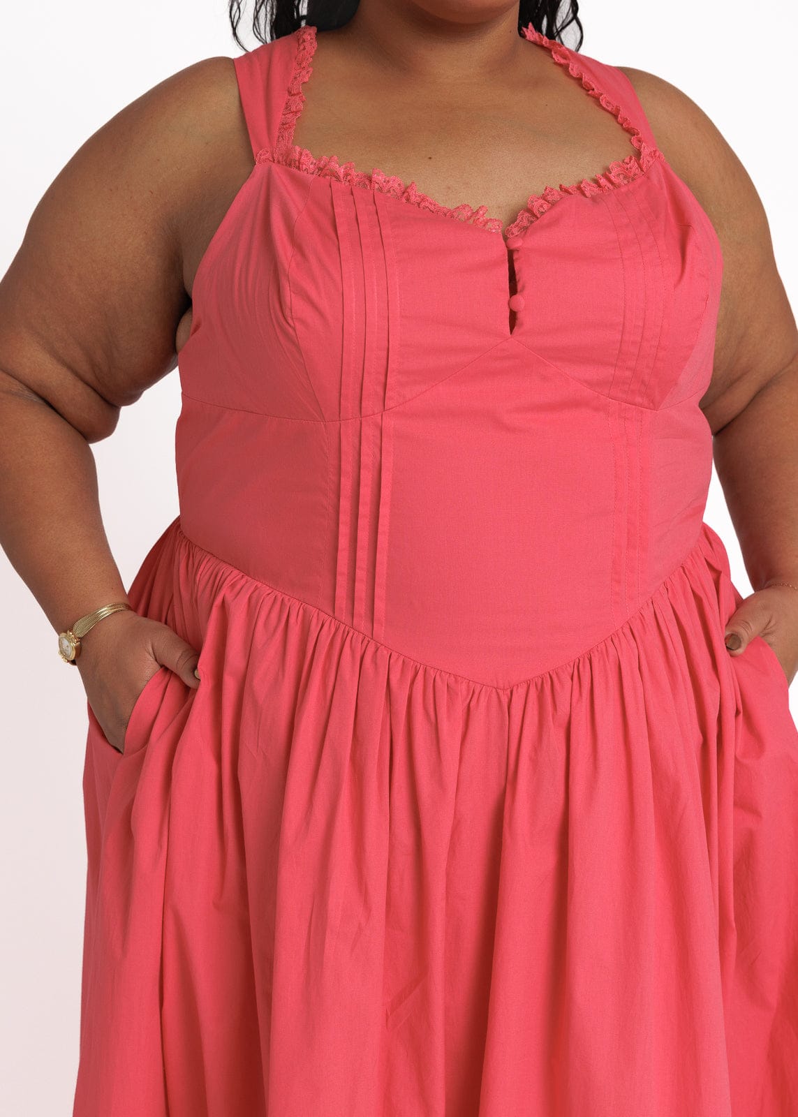 Lottie Basque Waist Midi Dress - Coral